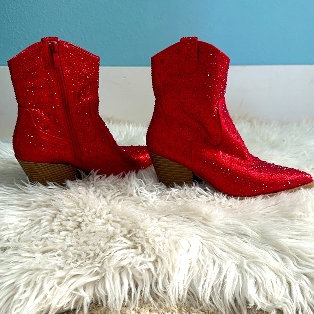Bejeweled red heeled boots